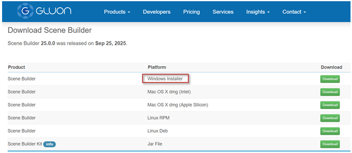 Page de téléchargement Scene Builder sur le site Gluon